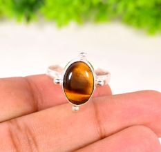 Handmade Silver Plated Ring with Oval Tiger Eye Gemstone for Women